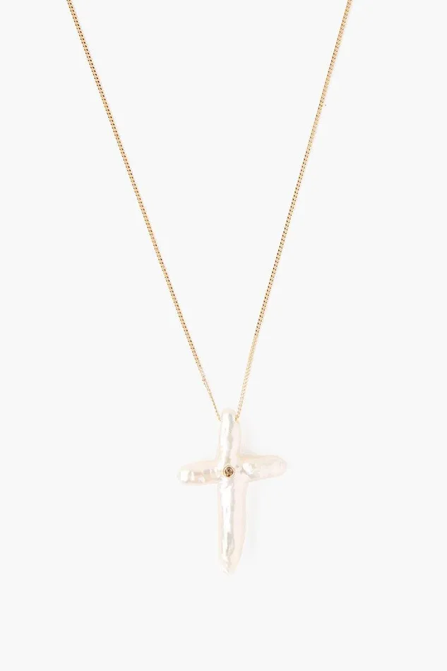 14k White Baroque Pearl Cross And Champagne Diamond Necklace Women Chan Luu Necklaces