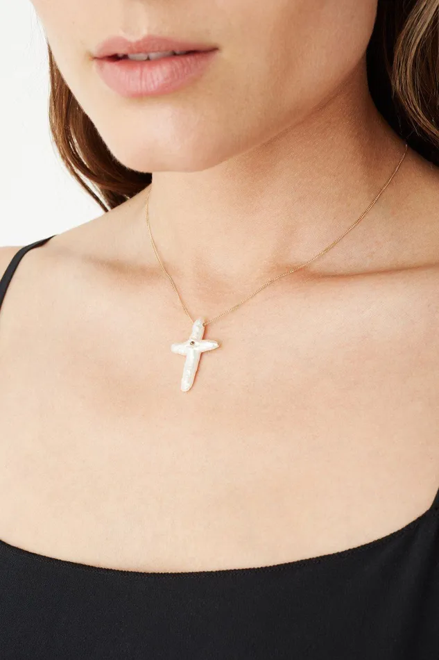 14k White Baroque Pearl Cross And Champagne Diamond Necklace Women Chan Luu Necklaces