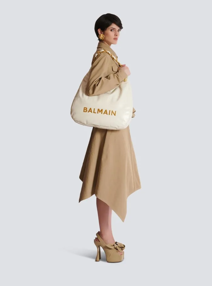 1945 Soft Hobo Bag In Embossed Crinkled Calfskin With A PB Labyrinth Monogram White Women Balmain Shoulder Bags