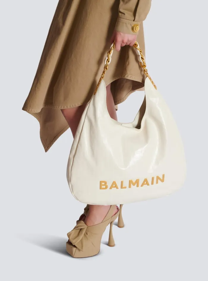 1945 Soft Hobo Bag In Embossed Crinkled Calfskin With A PB Labyrinth Monogram White Women Balmain Shoulder Bags