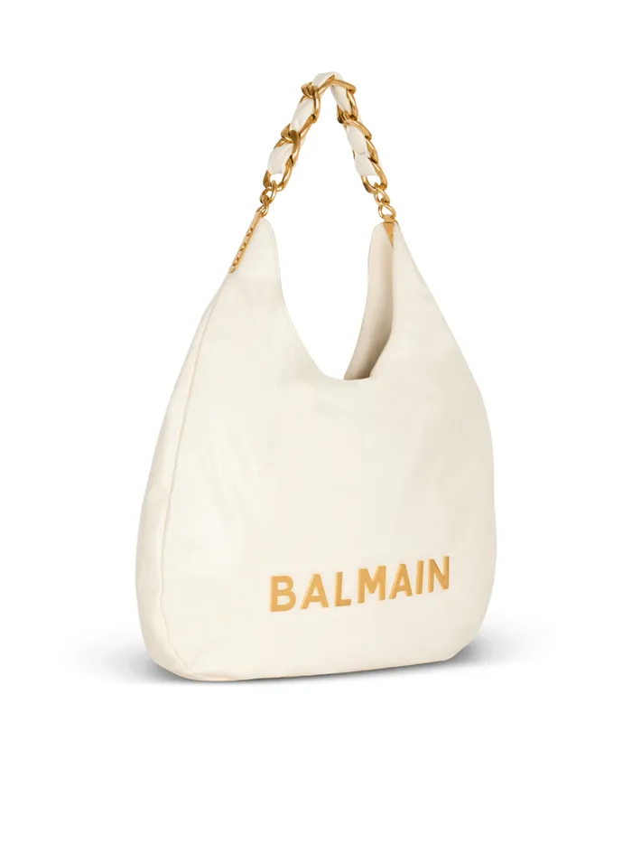 1945 Soft Hobo Bag In Embossed Crinkled Calfskin With A PB Labyrinth Monogram White Women Balmain Shoulder Bags
