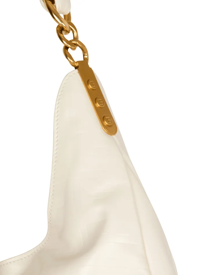 1945 Soft Hobo Bag In Embossed Crinkled Calfskin With A PB Labyrinth Monogram White Women Balmain Shoulder Bags