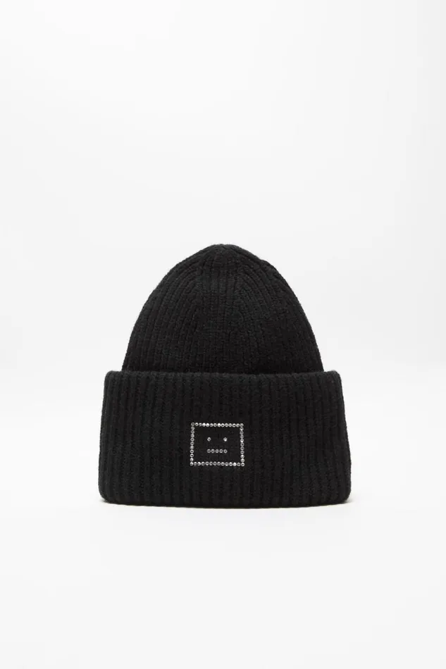 Acne Studios Embellished Face Logo Beanie Black Women Hats