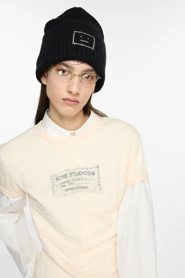 Acne Studios Embellished Face Logo Beanie Black Women Hats Acne Studios Embellished Face Logo Beanie Black Women Hats
