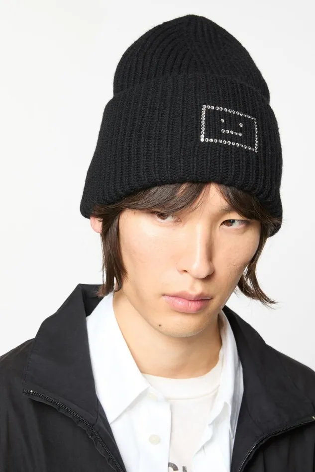 Acne Studios Embellished Face Logo Beanie Black Women Hats Acne Studios Embellished Face Logo Beanie Black Women Hats