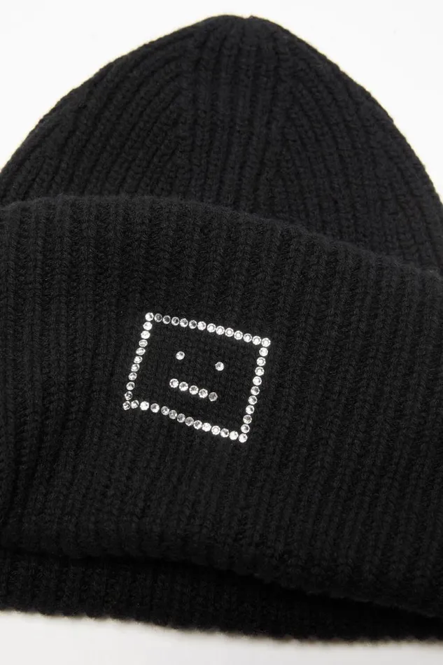 Acne Studios Embellished Face Logo Beanie Black Women Hats Acne Studios Embellished Face Logo Beanie Black Women Hats