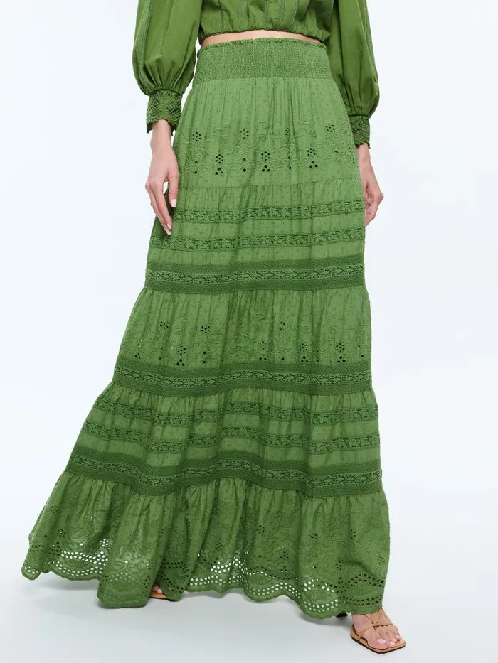 Alice Olivia AISHA TIERED MAXI SKIRT Avocado Women Skirts