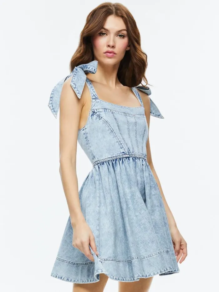 Alice Olivia AMINA CORSET DENIM DRESS Fae Ultra Light Blue Women Dresses