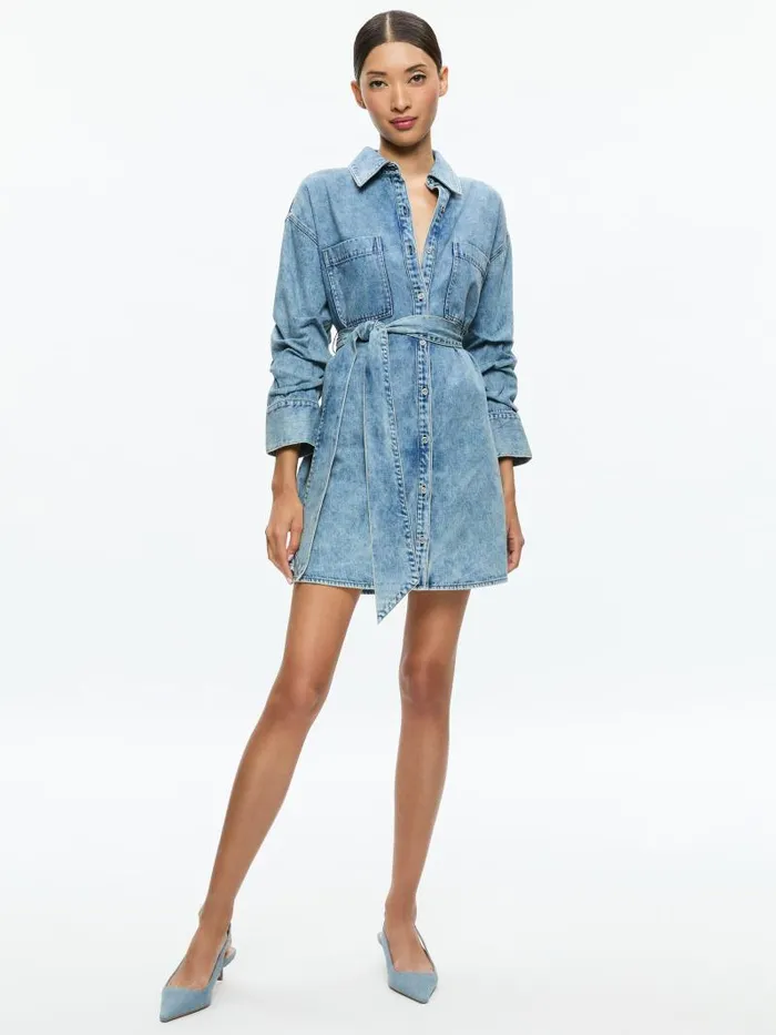 Alice Olivia BRIGITA LONG SLEEVE DENIM MINI DRESS WITH TIE BELT Harlow Vintage Blue Women Dresses