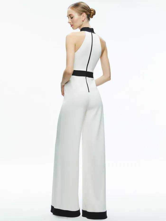 Alice Olivia CATALINE HIGH NECK WIDE LEG JUMPSUIT Off Whiteblack Women Jumpsuits Rompers