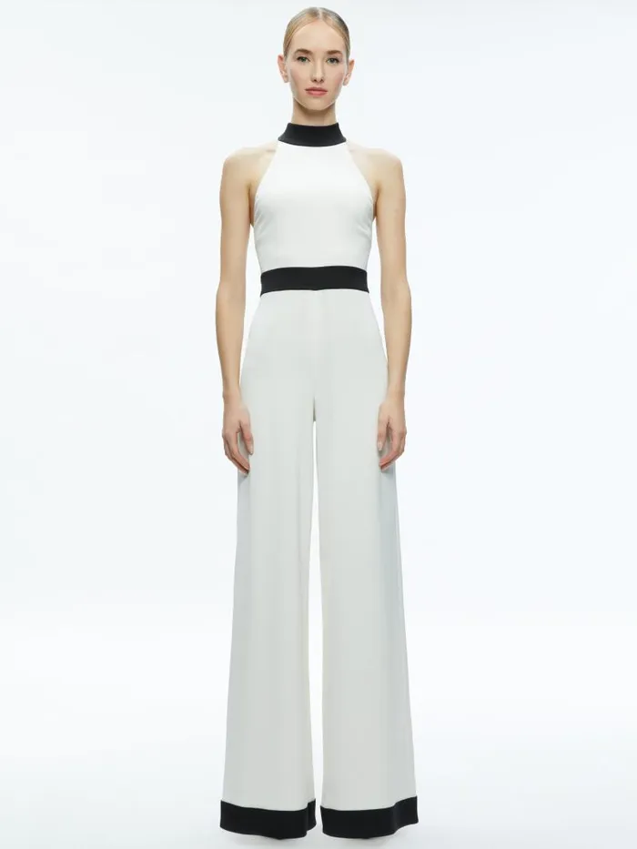 Alice Olivia CATALINE HIGH NECK WIDE LEG JUMPSUIT Off Whiteblack Women Jumpsuits Rompers