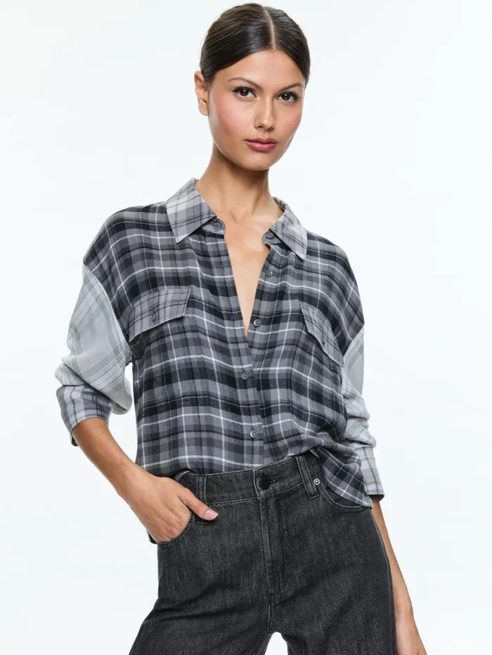 Alice Olivia CLIFTON PLAID BUTTON DOWN Mixed Plaid Women Tops