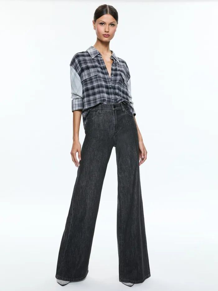 Alice Olivia CLIFTON PLAID BUTTON DOWN Mixed Plaid Women Tops