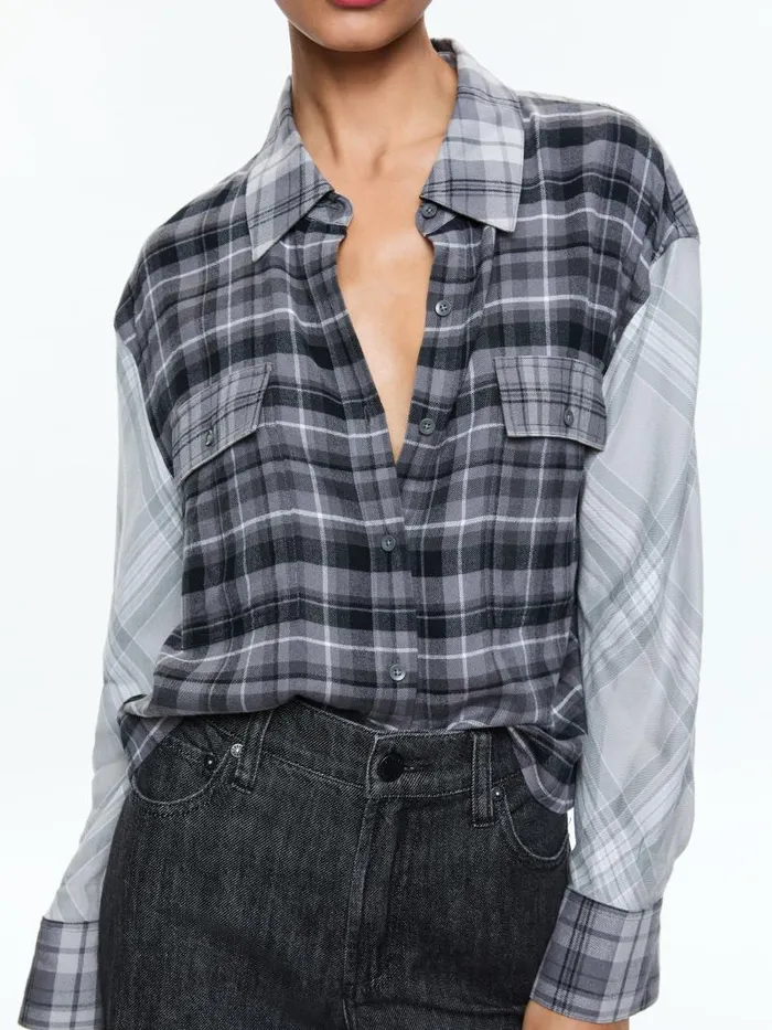 Alice Olivia CLIFTON PLAID BUTTON DOWN Mixed Plaid Women Tops