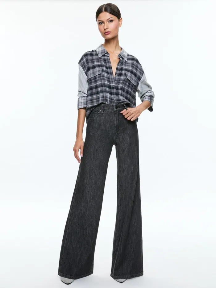 Alice Olivia CLIFTON PLAID BUTTON DOWN Mixed Plaid Women Tops