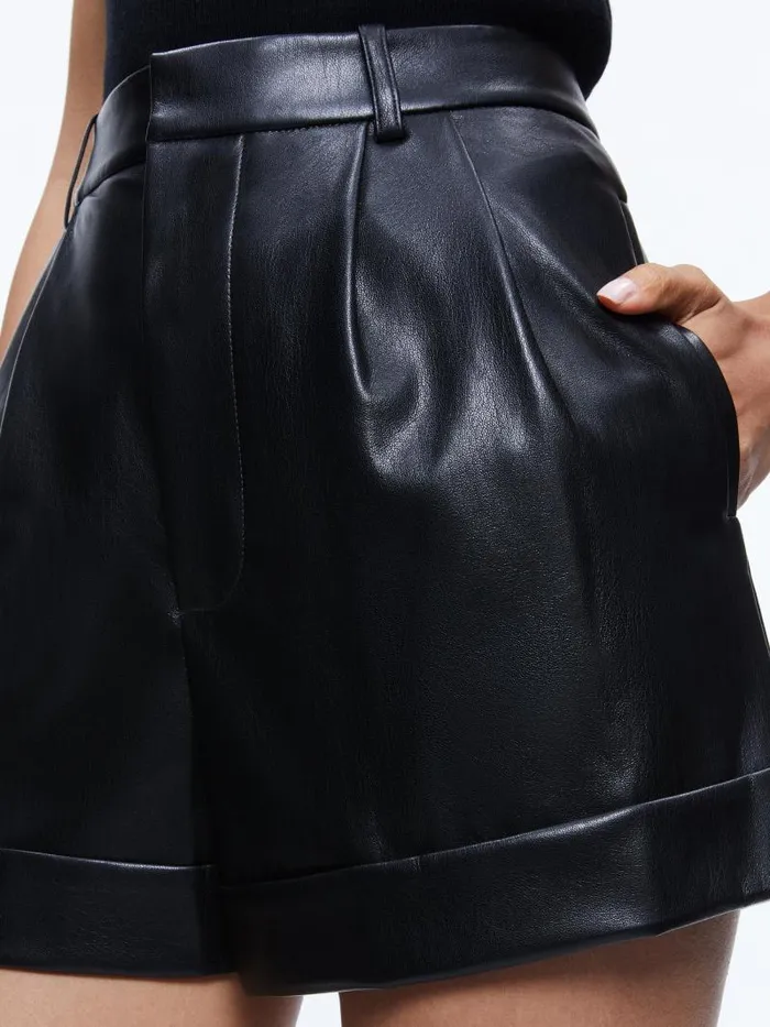 Alice Olivia CONRY VEGAN LEATHER PLEATED CUFF SHORT Black Women Shorts