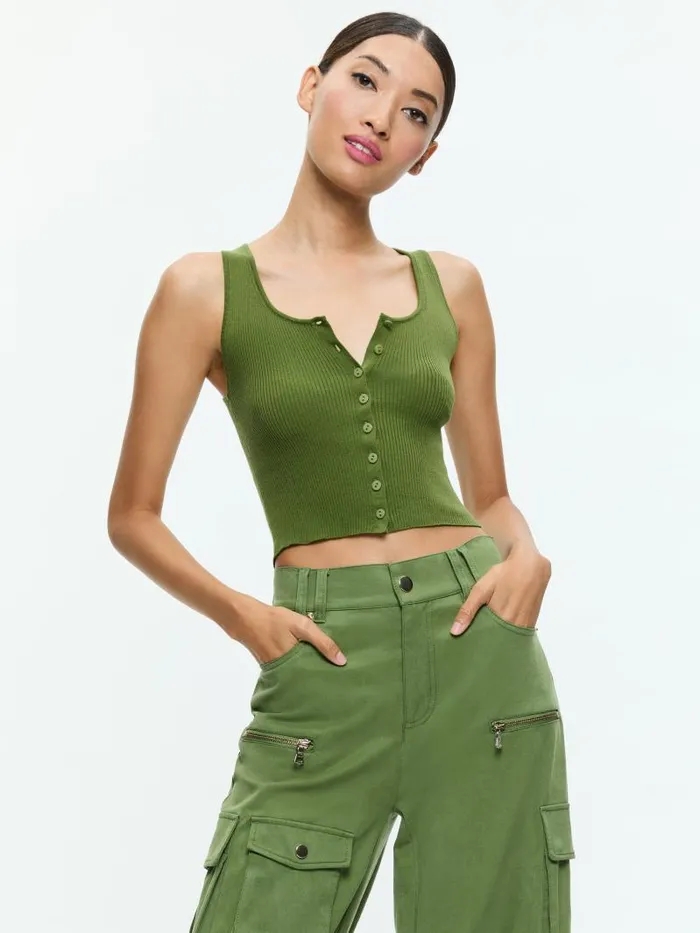 Alice Olivia DARYN BUTTON THROUGH CROPPED TANK Avocado Women Tops