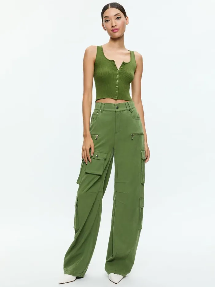 Alice Olivia DARYN BUTTON THROUGH CROPPED TANK Avocado Women Tops