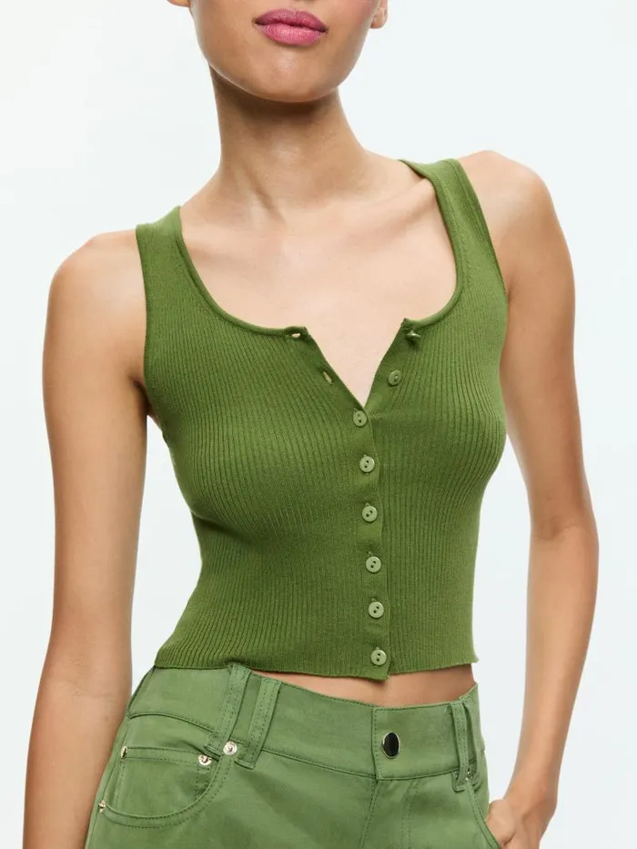 Alice Olivia DARYN BUTTON THROUGH CROPPED TANK Avocado Women Tops