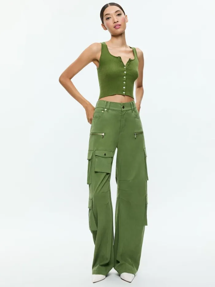 Alice Olivia DARYN BUTTON THROUGH CROPPED TANK Avocado Women Tops