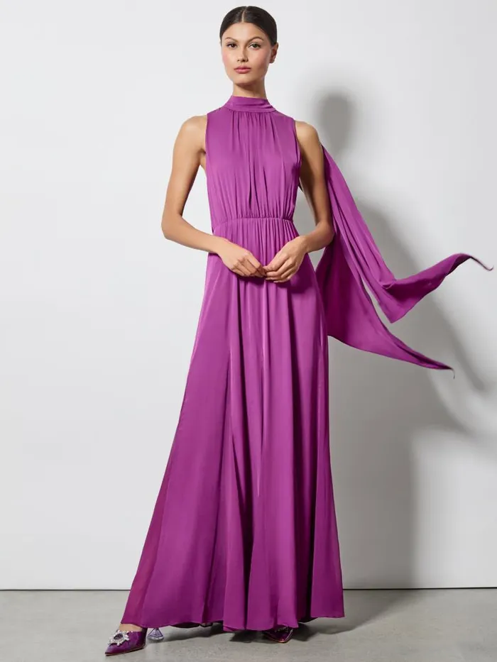 Alice Olivia DITA COWL BACK GODET MAXI DRESS Bright Boysenberry Women Dresses