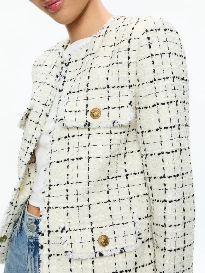 Alice Olivia DUMONT TWEED BOXY JACKET Off Whiteblack Women Jackets Coats