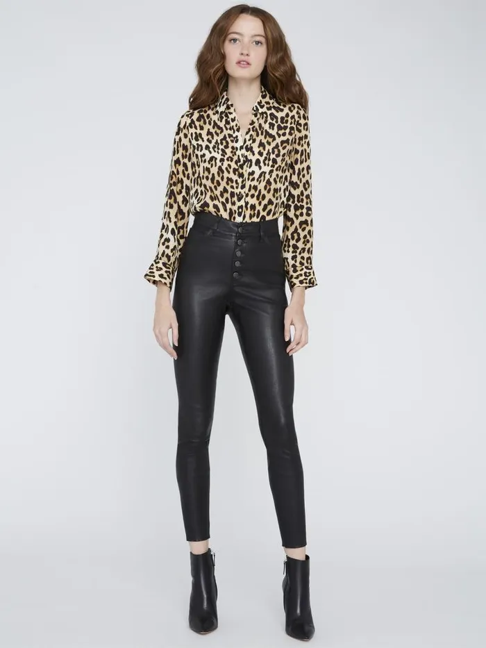 Alice Olivia ELOISE BUTTON DOWN LEOPARD BLOUSE Spotted Leopard Multi Women Tops