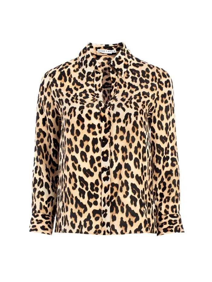 Alice Olivia ELOISE BUTTON DOWN LEOPARD BLOUSE Spotted Leopard Multi Women Tops