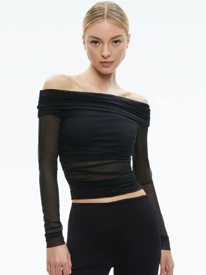 Alice Olivia ISADOLA OVER THE SHOULDER RUCHED LONG SLEEVE TOP Black Women Tops