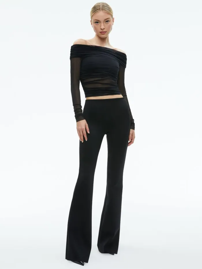 Alice Olivia ISADOLA OVER THE SHOULDER RUCHED LONG SLEEVE TOP Black Women Tops