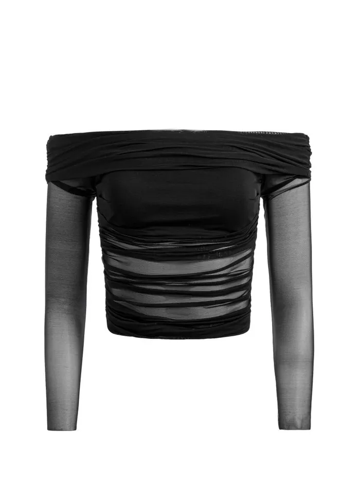 Alice Olivia ISADOLA OVER THE SHOULDER RUCHED LONG SLEEVE TOP Black Women Tops
