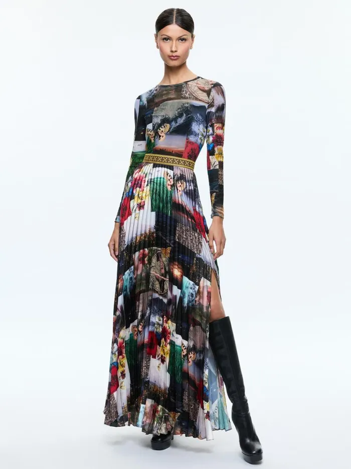 Alice Olivia IVEY LONG SLEEVE FITTED SUNBURST PLEATED MAXI DRESS Eco Fusion Women Dresses