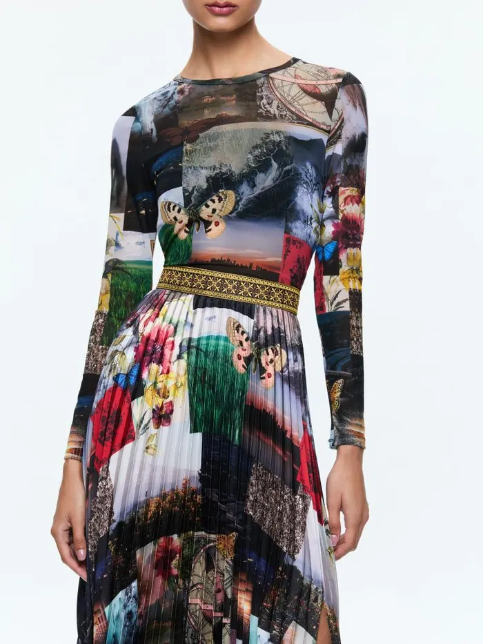 Alice Olivia IVEY LONG SLEEVE FITTED SUNBURST PLEATED MAXI DRESS Eco Fusion Women Dresses