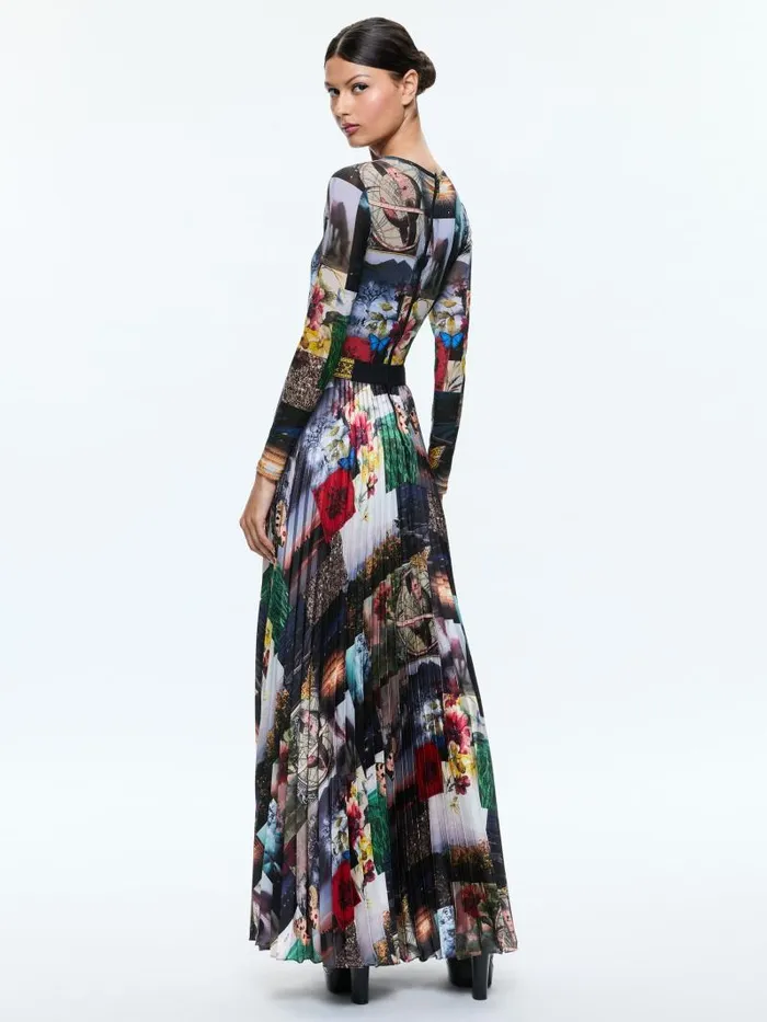 Alice Olivia IVEY LONG SLEEVE FITTED SUNBURST PLEATED MAXI DRESS Eco Fusion Women Dresses