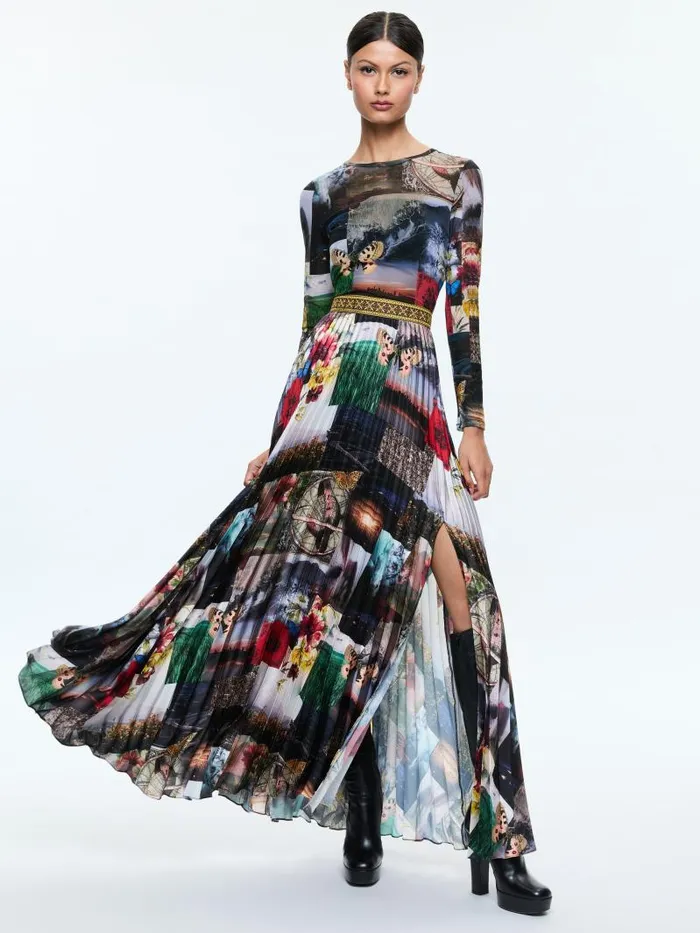 Alice Olivia IVEY LONG SLEEVE FITTED SUNBURST PLEATED MAXI DRESS Eco Fusion Women Dresses