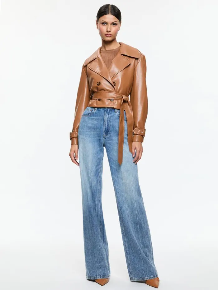 Alice Olivia KEITH VEGAN CROPPED TRENCH WITH BELT Camel Women Jackets Coats
