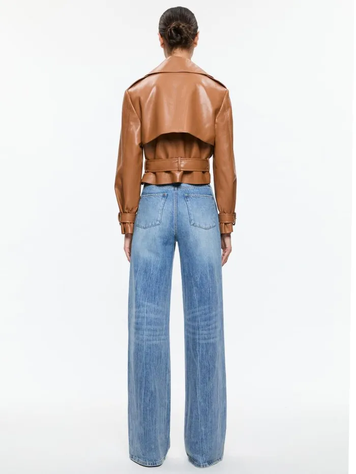 Alice Olivia KEITH VEGAN CROPPED TRENCH WITH BELT Camel Women Jackets Coats