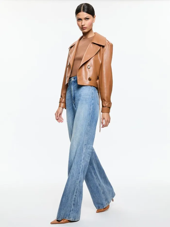 Alice Olivia KEITH VEGAN CROPPED TRENCH WITH BELT Camel Women Jackets Coats