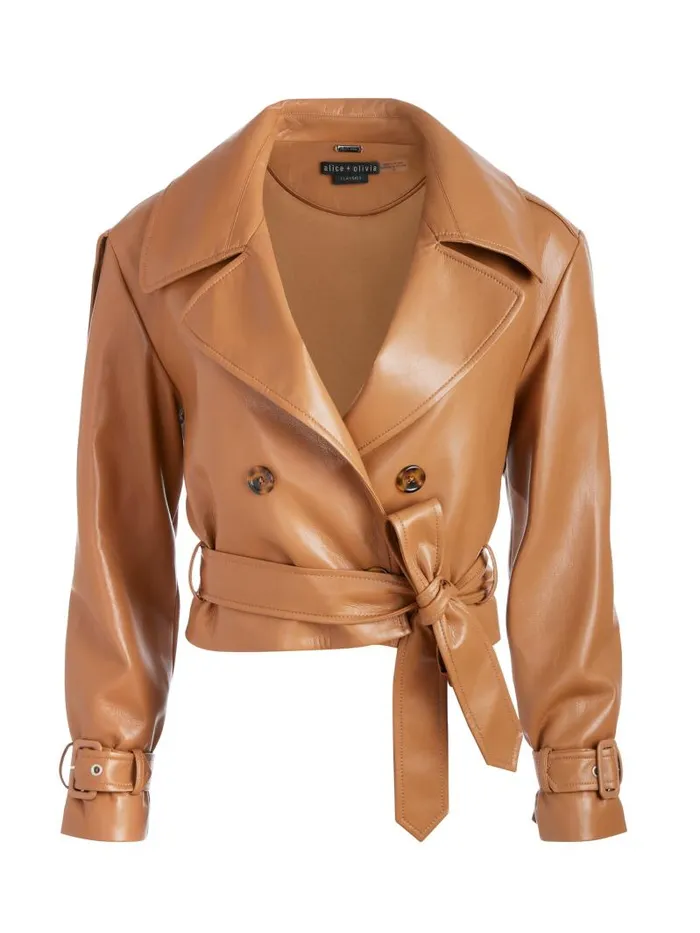 Alice Olivia KEITH VEGAN CROPPED TRENCH WITH BELT Camel Women Jackets Coats