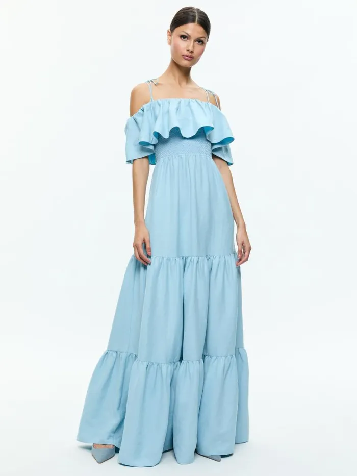 Alice Olivia KIA OFF THE SHOULDER TIERED MAXI DRESS Mineral Blue Women Dresses