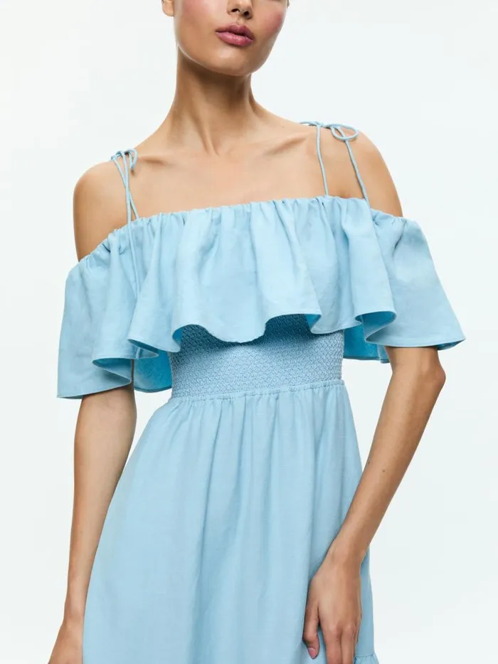 Alice Olivia KIA OFF THE SHOULDER TIERED MAXI DRESS Mineral Blue Women Dresses