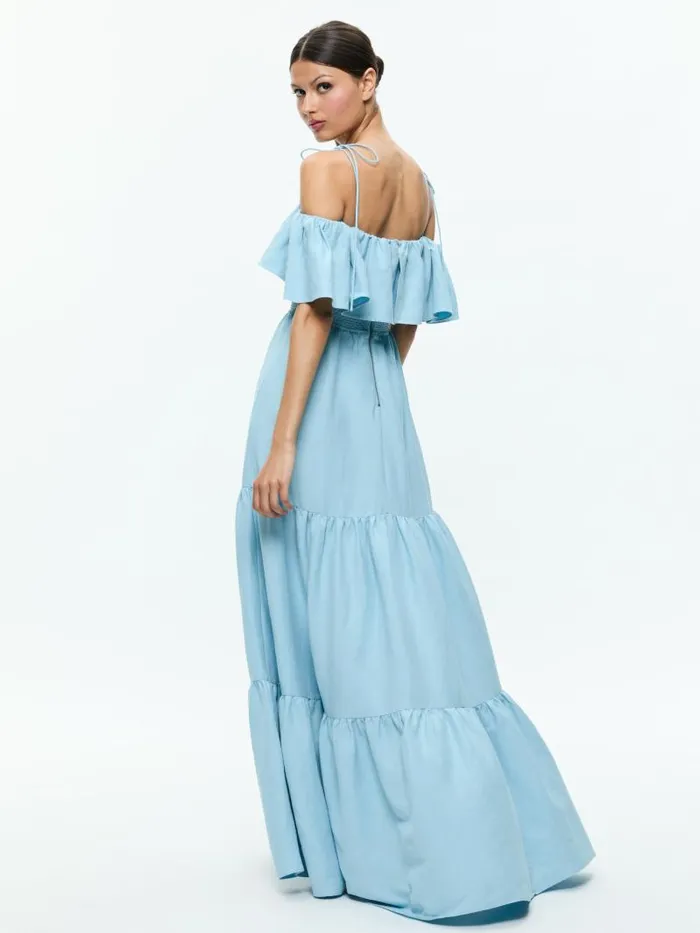 Alice Olivia KIA OFF THE SHOULDER TIERED MAXI DRESS Mineral Blue Women Dresses