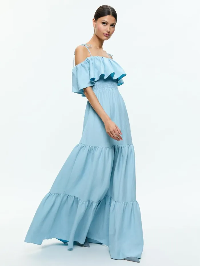 Alice Olivia KIA OFF THE SHOULDER TIERED MAXI DRESS Mineral Blue Women Dresses
