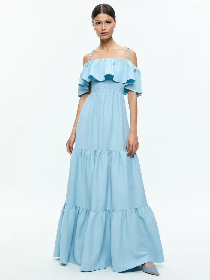 Alice Olivia KIA OFF THE SHOULDER TIERED MAXI DRESS Mineral Blue Women Dresses