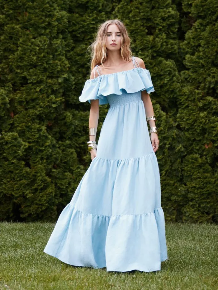 Alice Olivia KIA OFF THE SHOULDER TIERED MAXI DRESS Mineral Blue Women Dresses