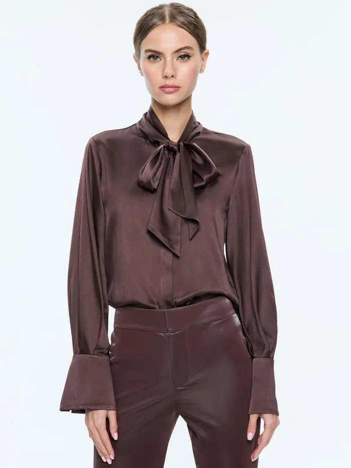 Alice Olivia LLOYD SLIT SLEEVE BUTTON DOWN BLOUSE Espresso Women Tops
