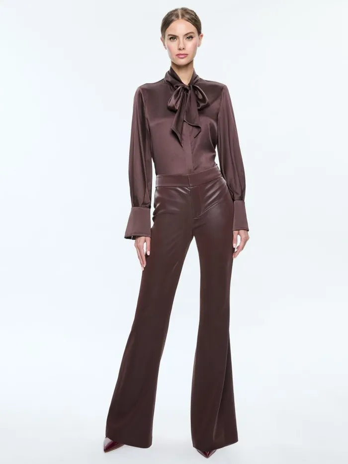 Alice Olivia LLOYD SLIT SLEEVE BUTTON DOWN BLOUSE Espresso Women Tops