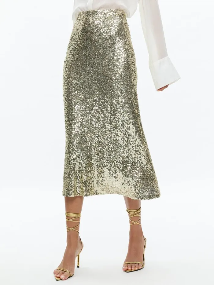 Alice Olivia MAEVE SEQUIN KICK FLARE SLIP SKIRT Champagnesilver Women Skirts