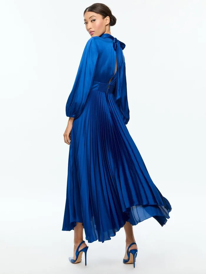Alice Olivia MAHOGANY TWIST NECK PLEATED MAXI DRESS Royal Women Dresses