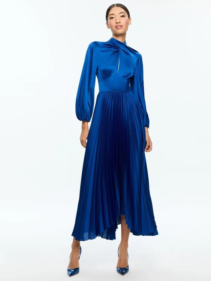 Alice Olivia MAHOGANY TWIST NECK PLEATED MAXI DRESS Royal Women Dresses